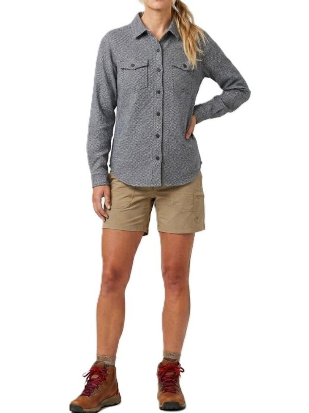 Kavu Women’s Medium Gray Long Sleeve Flannel Shirt Elbow Patches Pockets Hiking